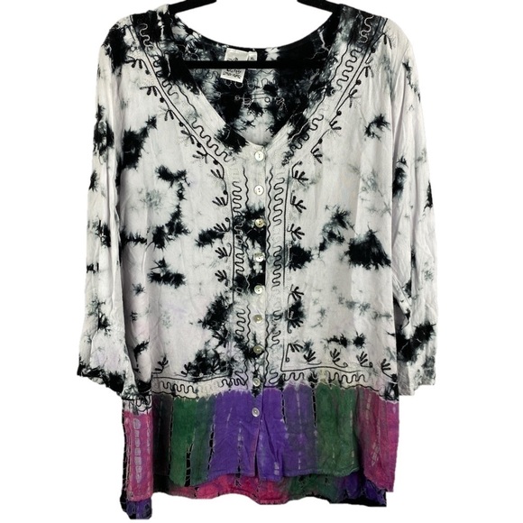 Parsley & Sage Black White Tie Dye Multi Colour Hem Embroidered Button Down XL - Picture 2 of 12